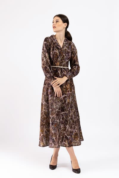 Mor elbise şal yaka ile