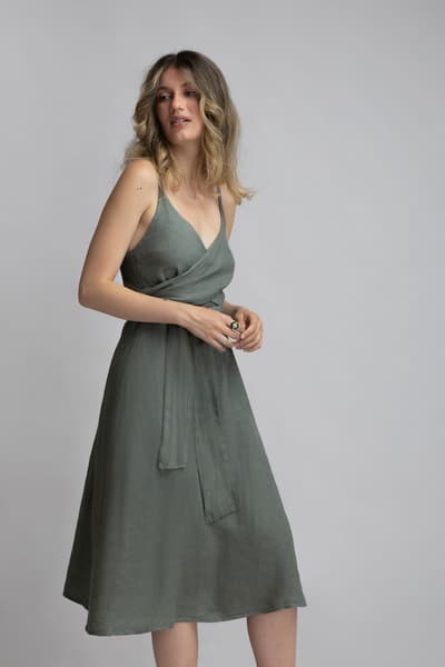 Rochie cu bretele din in kaki 01268